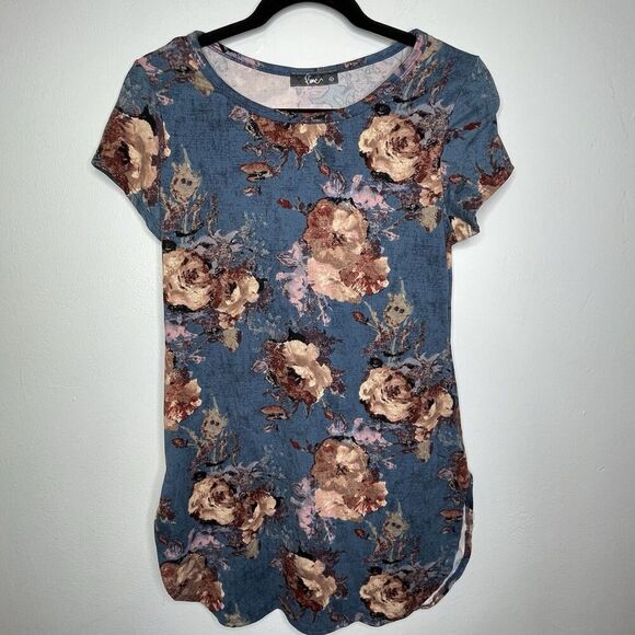 Pinc‎ TeeTunic Women's L Stretch Velour Boho Short Sleeve Y2K FloralBlueRose - Picture 3 of 11